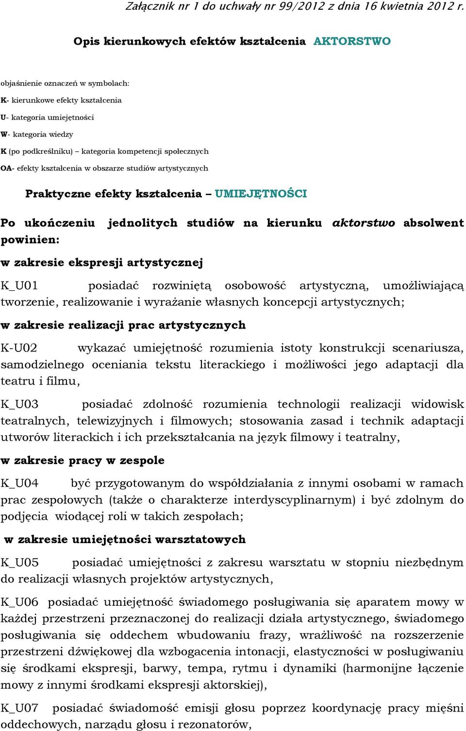 kompetencji społecznych OA- efekty kształcenia w obszarze studiów artystycznych Praktyczne efekty kształcenia UMIEJĘTNOŚCI w zakresie ekspresji artystycznej K_U01 posiadać rozwiniętą osobowość