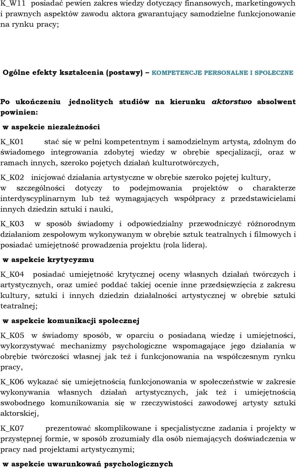 oraz w ramach innych, szeroko pojętych działań kulturotwórczych, K_K02 inicjować działania artystyczne w obrębie szeroko pojętej kultury, w szczególności dotyczy to podejmowania projektów o