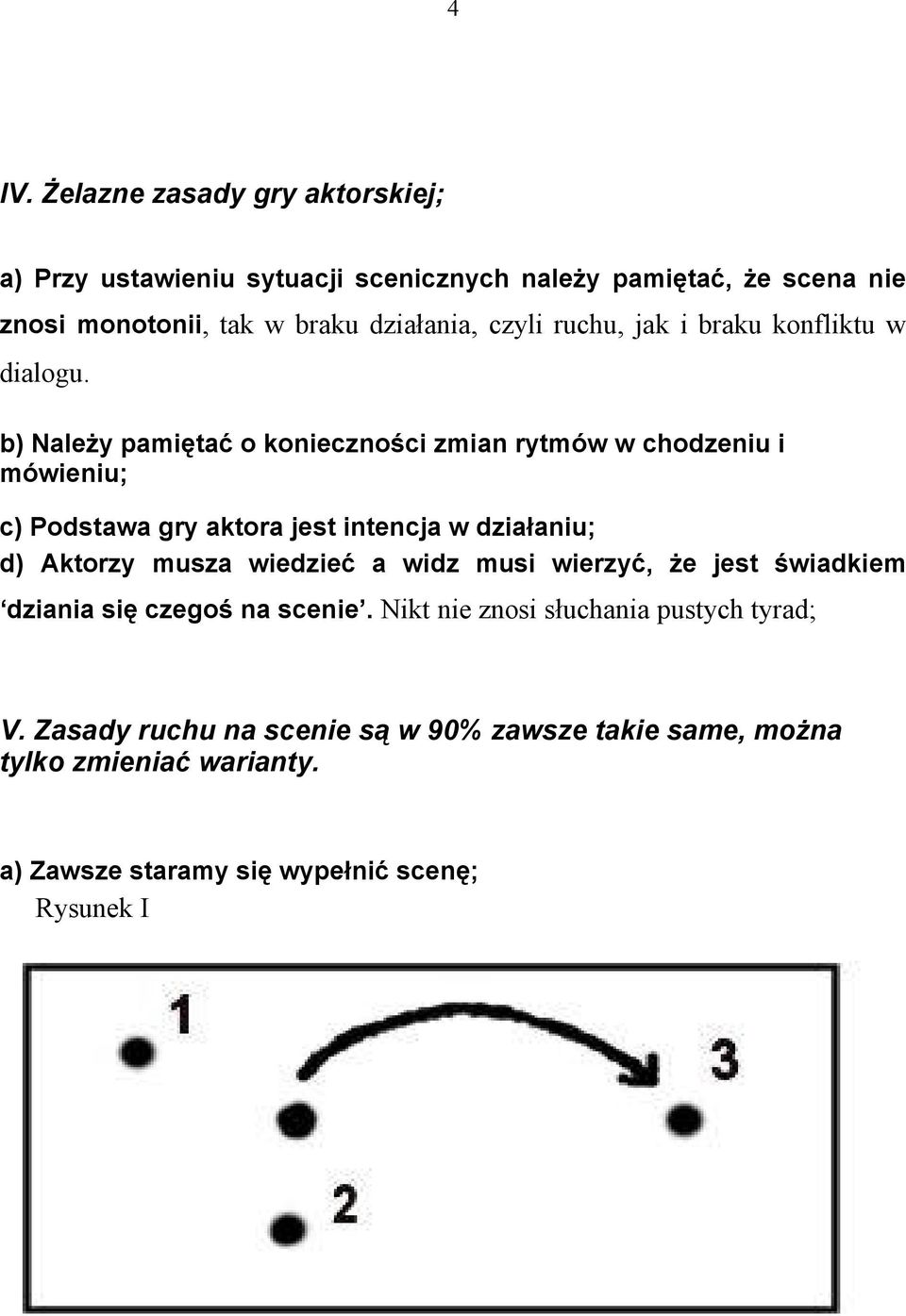 b) Należy pamiętać o konieczności zmian rytmåw w chodzeniu i måwieniu; c) Podstawa gry aktora jest intencja w działaniu; d) Aktorzy musza