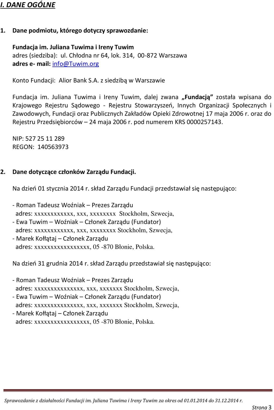 Juliana Tuwima i Ireny Tuwim, dalej zwana Fundacją została wpisana do Krajowego Rejestru Sądowego - Rejestru Stowarzyszeń, Innych Organizacji Społecznych i Zawodowych, Fundacji oraz Publicznych