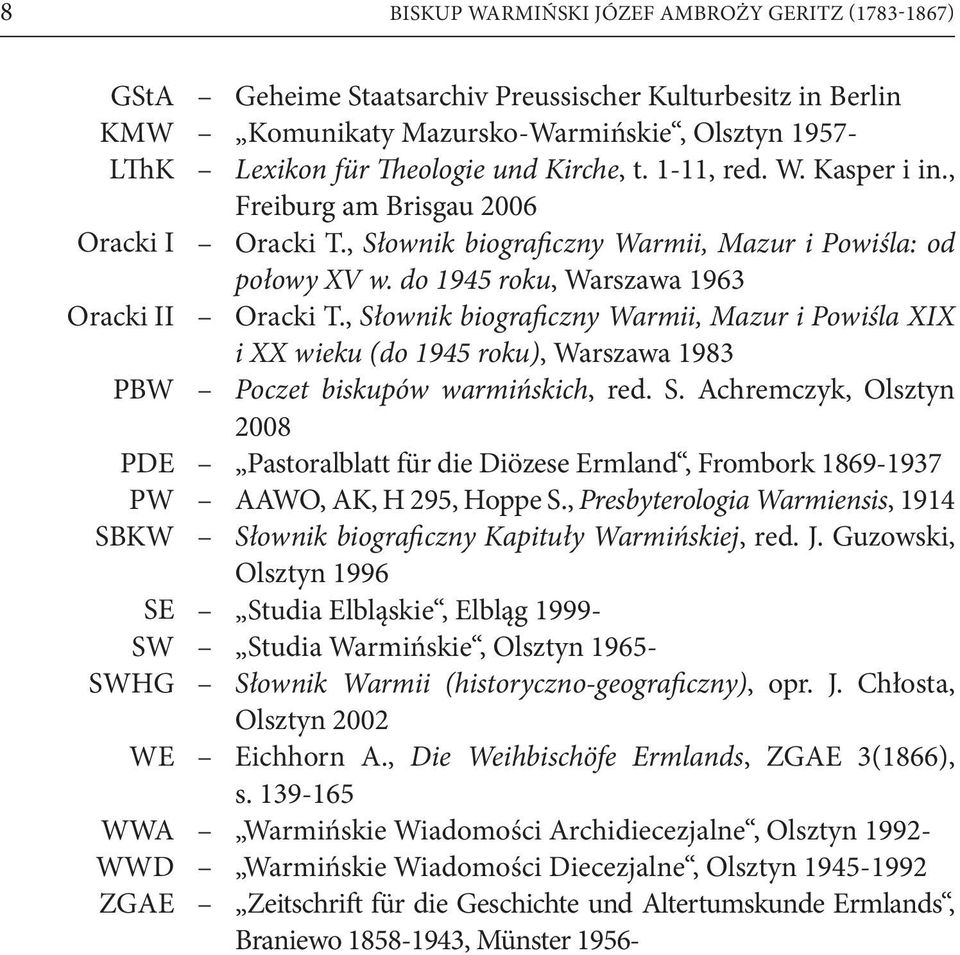 do 1945 roku, Warszawa 1963 Oracki T., Słownik biograficzny Warmii, Mazur i Powiśla XIX i XX wieku (do 1945 roku), Warszawa 1983 Poczet biskupów warmińskich, red. S. Achremczyk, Olsztyn 2008 Pastoralblatt für die Diözese Ermland, Frombork 1869-1937 AAWO, AK, H 295, Hoppe S.