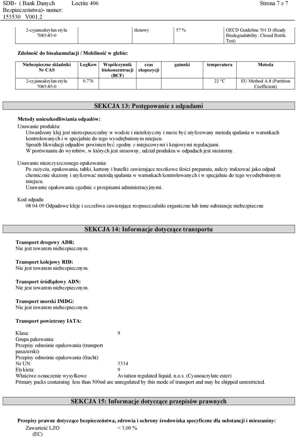 8 (Partition Coefficient) SEKCJA 13: Postępowanie z odpadami Metody unieszkodliwiania odpadów: Usuwanie produktu: Utwardzony klej jest nierozpuszczalny w wodzie i nietoksyczny i może być utylizowany