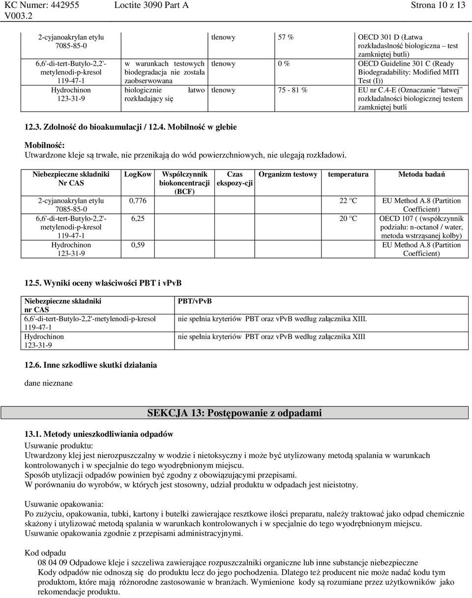 4. Mobilność w glebie Mobilność: Utwardzone kleje są trwałe, nie przenikają do wód powierzchniowych, nie ulegają rozkładowi.