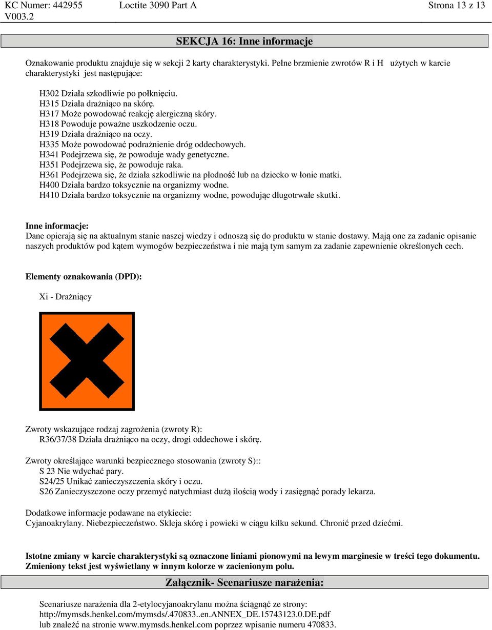 H318 Powoduje poważne uszkodzenie oczu. H319 Działa drażniąco na oczy. H335 Może powodować podrażnienie dróg oddechowych. H341 Podejrzewa się, że powoduje wady genetyczne.