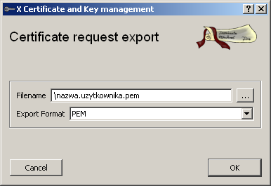 w polu Filename wskazać nazwę pliku i miejsce na dysku gdzie eksportowany certyfikat zostanie zapisany.