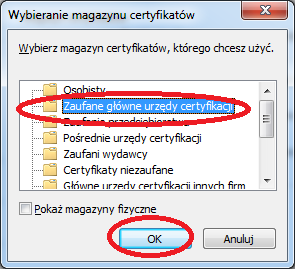 4. Na ekranie Magazyn certyfikatów należy zaznaczyć opcję Umieść wszystkie certyfikaty w następującym