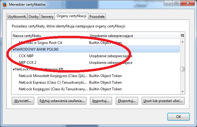 6. W kolejnym oknie należy wybrać zakładkę Organy certyfikacji i na liście odszukać Narodowy Bank Polski.