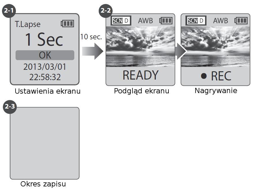 Po zakończeniu naciśnij OK, aby kończyć konfigurację i wyjść. 7. Tryb poklatkowy W trybie poklatkowym aparat wykona jedno zdjęcie w przedziale wybranego czasu.