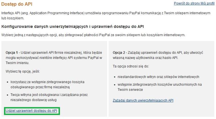 2. Kolejnym krokiem jest odszukanie w opcji Mój profil w sekcji Sprzedaż w Internecie pozycji Dostęp do API a