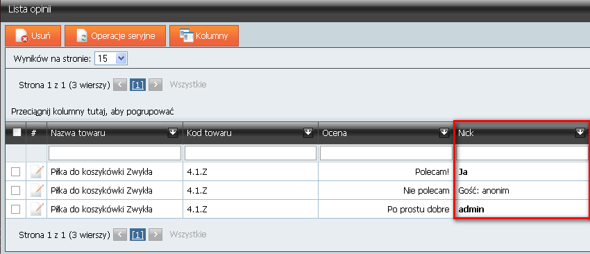 1.4.4 Rozróżnianie użytkowników zalogowanych i niezalogowanych W Comarch ERP e-sklep 6.8 wprowadzono rozróżnianie Nicków użytkowników zalogowanych i niezalogowanych na liście wystawionych opinii.