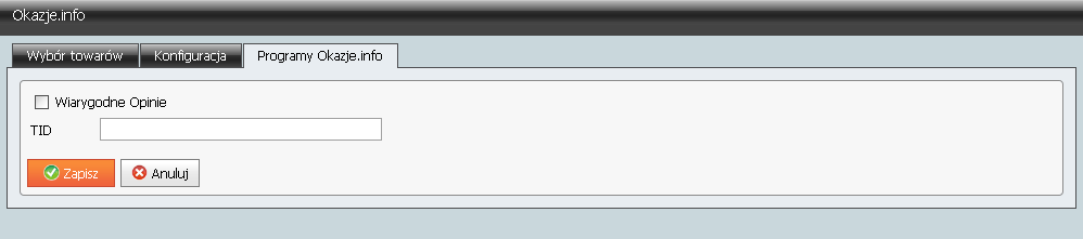 TID to indywidualny numer dla każdego sklepu, dostępny w panelu użytkownika serwisu Okazje.info pod adresem http://admin.okazje.info.pl//shops,owparameters.