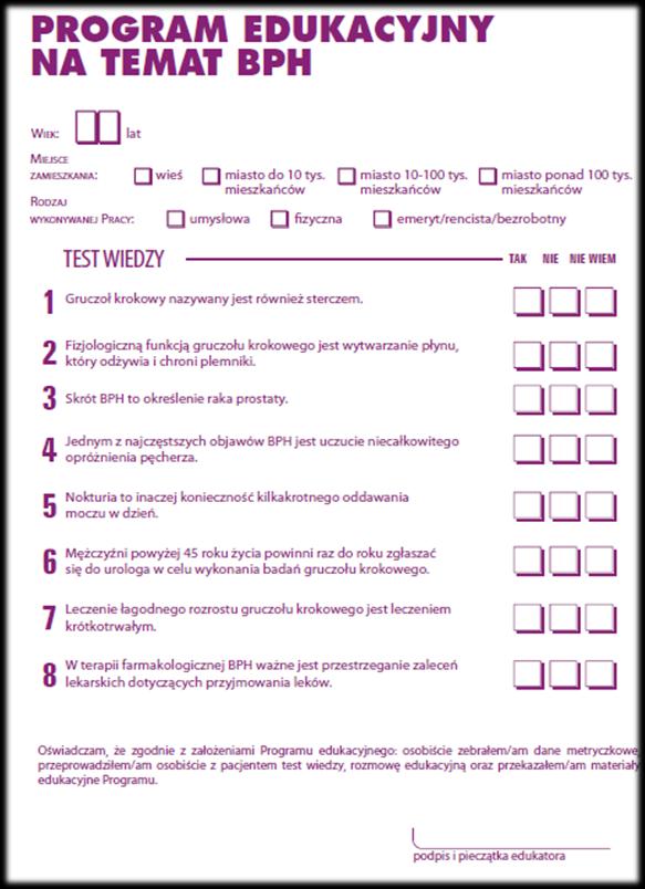 Metodologia programu Kwestionariusz wywiadu wystandaryzowane narzędzie badawcze Test wiedzy zawierał osiem sformułowań, na które edukowany odpowiadał zgodnie ze swoją wiedzą, udzielając jednej z