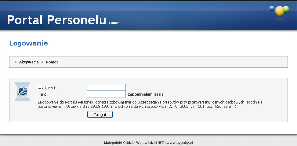 INSTRUKCJA PROCESU AKTYWACJI UŻYTKOWNIKÓW W PORTALU PERSONELU MOW NFZ 1. AKTYWACJA Portal Personelu dostępny jest pod adresem https://personel.nfz-krakow.