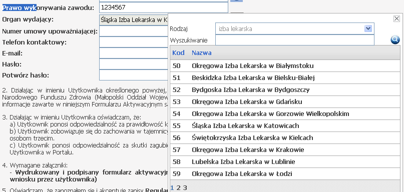 W przypadku posiadania specjalizacji należy określić jej stopień w polu kod specjalizacji, a następnie uzupełnić rubrykę Data uzyskania specjalizacji.