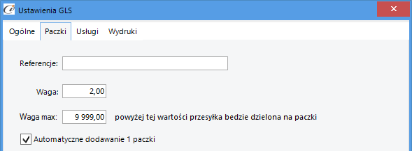 (rys. 23) Ustawienia GLS Ogólne Paczki Paczka definiujemy domyślne ustawienia paczki, czyli opis przesyłki oraz jej wagę (rys.