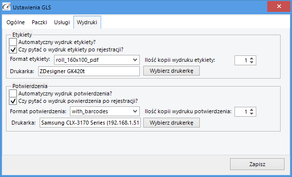 (rys.25) Usługi Wydruki W zakładce wydruki decydujemy czy etykiety i potwierdzenia będą drukowane automatycznie, czy program zapyta nas o drukowanie.