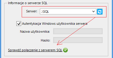 (rys. 7) Parametry połączenia do NEXO W zależności od konfiguracji serwera SQL możemy do zrealizowania połączenia zaznaczyć opcję Autentykacja Windows użytkownika serwera (Rys.