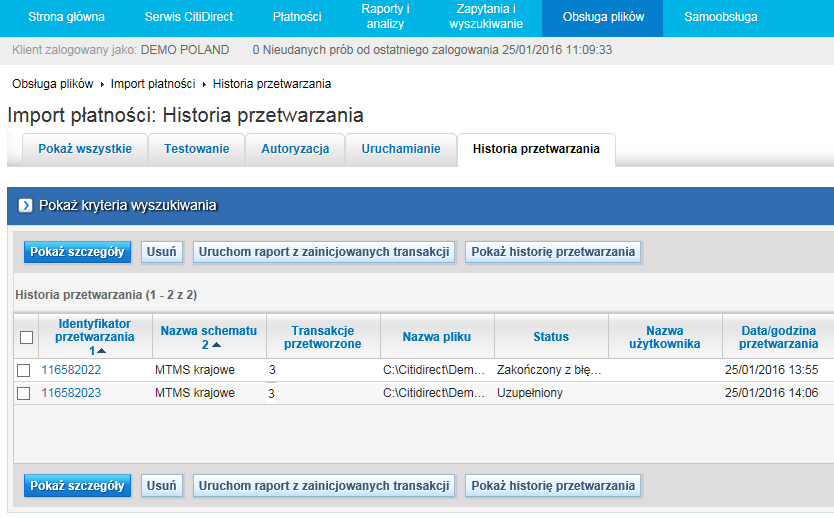 W historii przetwarzania zobaczysz raport z przebiegu importu, który przed chwilą został uruchomiony. Każdy przebieg ma Status określający, czy import trwa, czy się skończył i czy wystąpiły błędy.