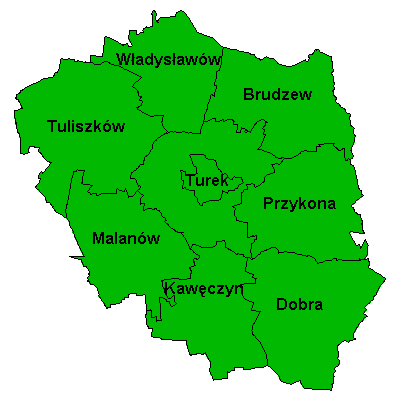 Rysunek 3. Mapa powiatu tureckiego Źródło: http://pl.wikipedia.org/wiki/powiat_turecki Miasto i Gmina Dobra jest członkiem Lokalnej Grupy Działania,,Przymierze Jeziorsko.