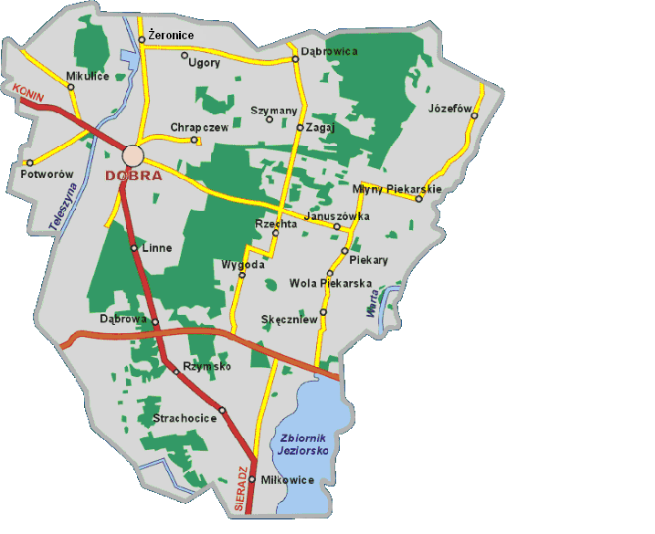 Rysunek 9. Mapa Gminy Dobra Źródło: www.dobra.nowoczesnagmina.pl Powierzchnia gminy Dobra (132 km²) plasuje ją na 2. miejscu pod względem wielkości spośród wszystkich 9 gmin powiatu tureckiego.
