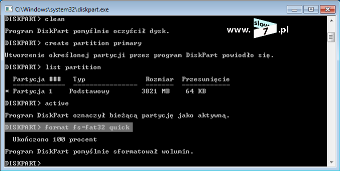 20 (Pobrane z slow7.pl) Czas by określić format systemu plików. Partycję sformatujemy z wykorzystaniem FAT32.