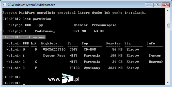 21 (Pobrane z slow7.pl) Nośnik jest gotowy aby sprawdzić efekt przeprowadzonej konfiguracji wydaj polecenie: list volume Ostatnią czynnością jest skopiowanie danych instalatora.