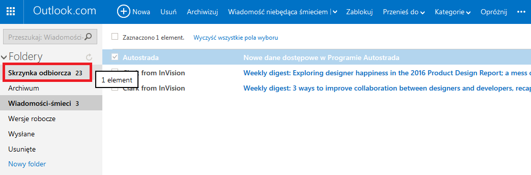 8. Po wybraniu akcji, automatycznie wybiera nam się Skrzynka odbiorcza.