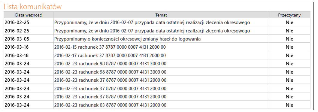 13. Informacje Serwis udostępnia, poprzez menu Informacje, następujące dodatkowe usługi: Komunikaty przysłane przez Bank (Rys. 47); Logowanie zdarzeń, czyli dziennik zdarzeń (Rys.