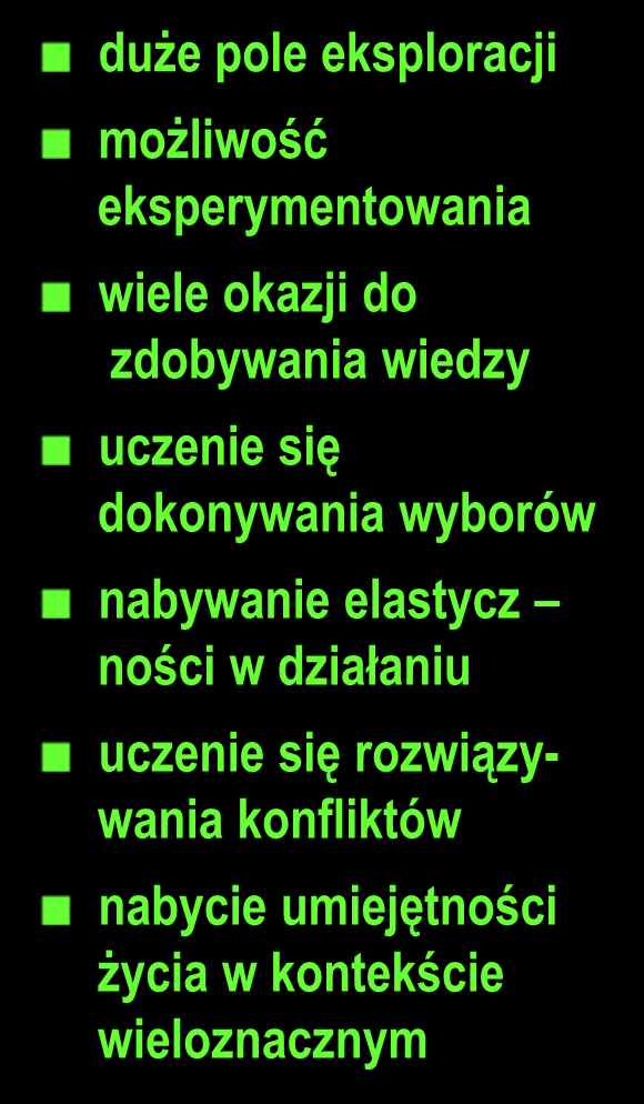 Życie w czasach wielkich zmian Szanse duże pole eksploracji możliwość eksperymentowania wiele okazji do zdobywania wiedzy uczenie się dokonywania wyborów nabywanie elastycz ności w działaniu uczenie