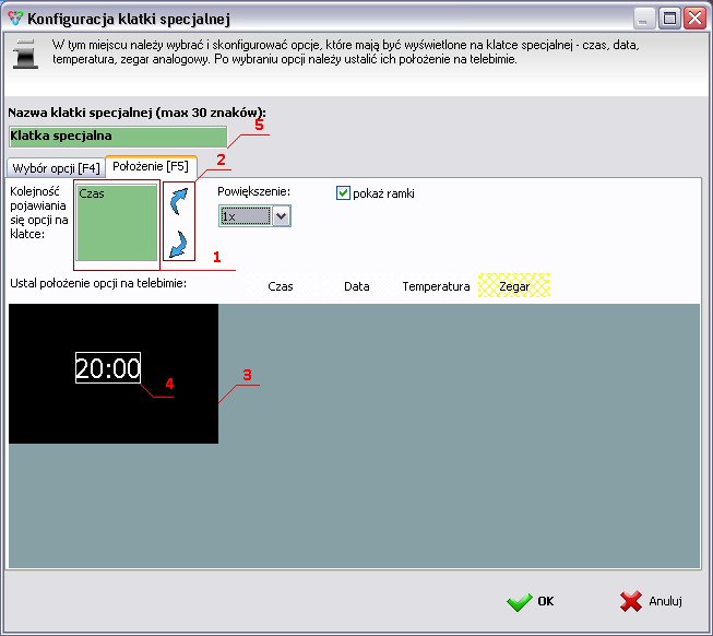 Rys. 3.2.1-2 - Okno konfiguracji klatki specjalnej widok ustalania położenia opcji W tej części należy ustalić położenie wybranych opcji na polu symbolizującym telebim (czarne pole (3) na Rys. 3.2.1-2).