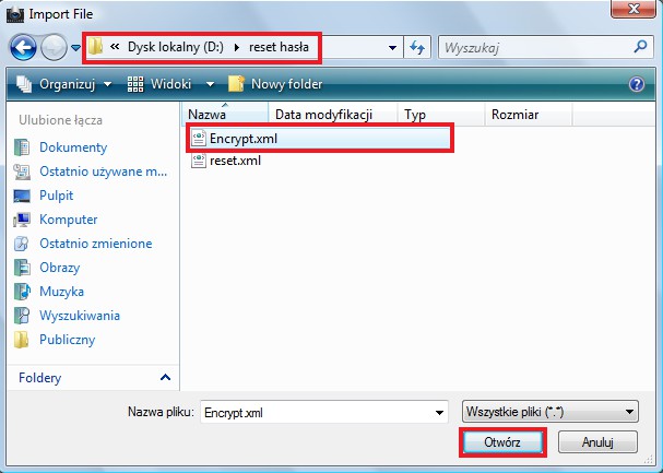 W nowo otwartym okienku należy nacisnąć przycisk Import. Otworzy się okno, w którym należy wskazać zapisany wcześniej plik Encrypt.xml i nacisnąć przycisk Otwórz.