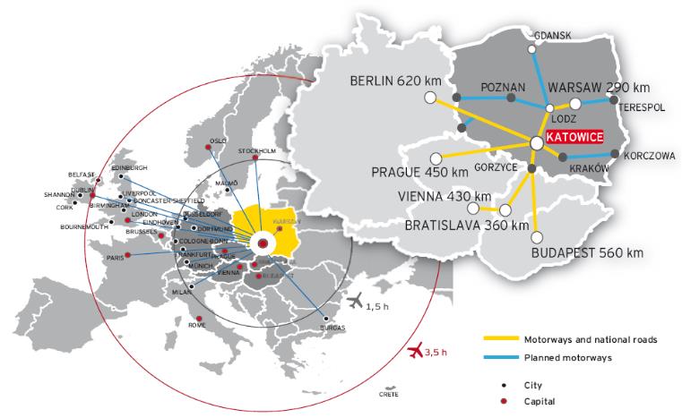 DOSKONAŁA LOKALIZACJA W NIEWIELKIEJ ODLEGŁOŚCI OD GŁÓWNYCH EUROPEJSKICH STOLIC najsilniej rozwinięta sieć drogowa w Polsce