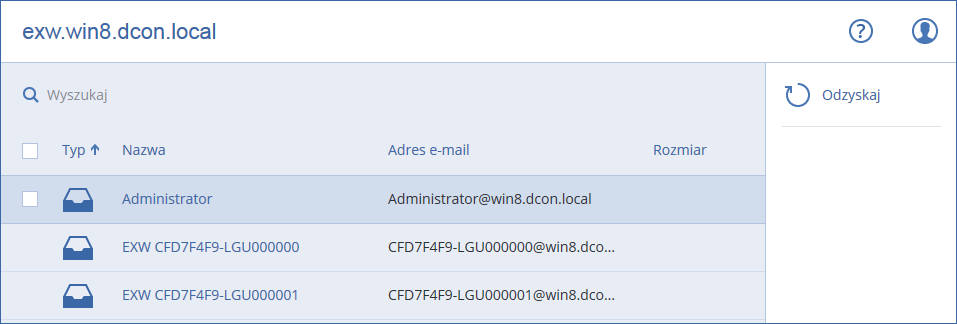 2.12.6.1 Odzyskiwanie skrzynek pocztowych 1. W przypadku odzyskiwania z kopii zapasowej bazy danych kliknij Microsoft Exchange. W przeciwnym razie pomiń ten krok. 2.