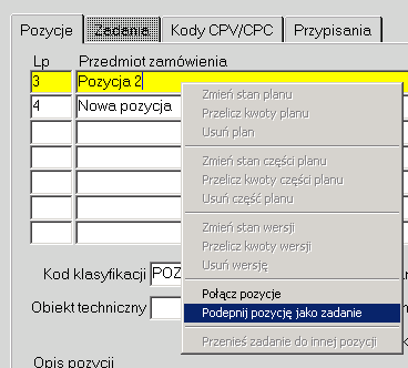 8. Podpięcie pozycji jako zadanie istniejącej pozycji. 1. Uruchomienie operacji łączenia pozycji Pozycje nie posiadające zadań można podpiąć jako kolejne zadanie istniejącej pozycji z zadaniami.