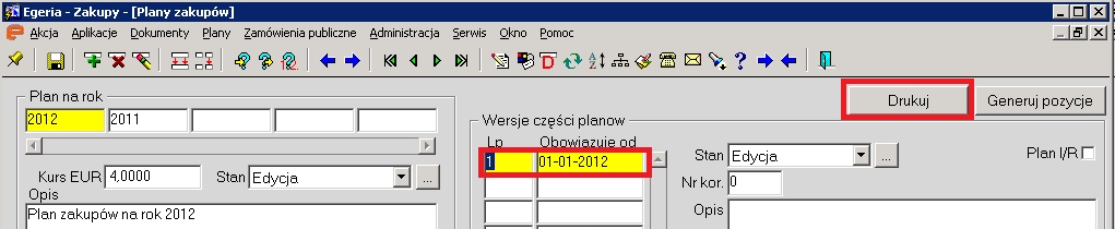 9. Wydruk wersji planu. 1. Wydruk W bloku "Wersje części planów" ustawiamy kursor w polu 'Obowiązuje od'. dla wiersza wersji, dla której chcemy dokonać wydruku.