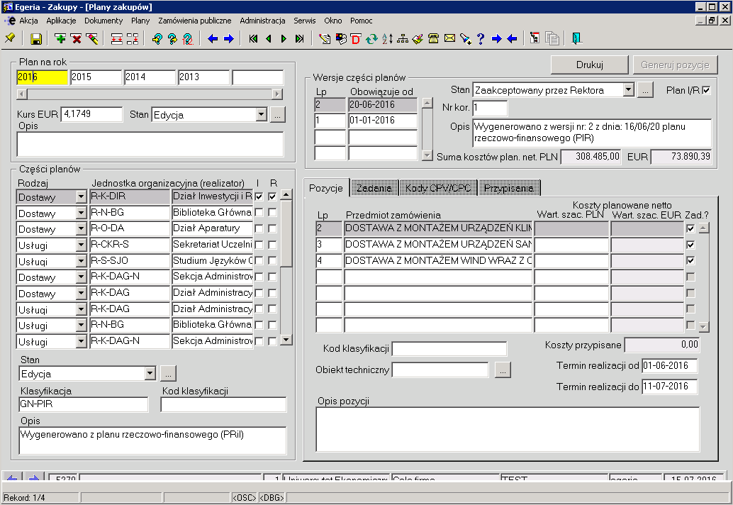 2. Uruchomienie formularza Obsługa planów zakupów w module Zakupy. 1.