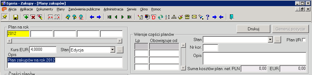 3. Otwarcie planu na dany rok. 1. Wprowadzenie nowego planu W bloku "Plan na rok" wywołujemy dodanie nowego rekordu (planu na dany rok) poprzez wybranie przycisku lub klawiszem F6.