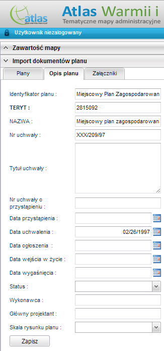 W przypadku braku obligatoryjnych opisów (atrybutów) lub zdublowania identyfikatorów planu system nie pozwali na zapis zmian.