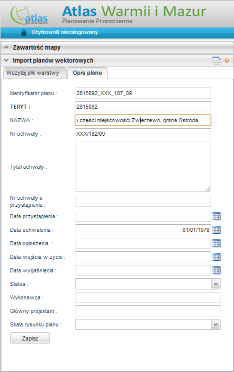 S t r o n a 15 IX. IMPORT PLANÓW WEKTOROWYCH Narzędzie importu planów umożliwia import warstwy granicy planu oraz przeznaczeń terenu w formatach GML i ESRI Shapefile.