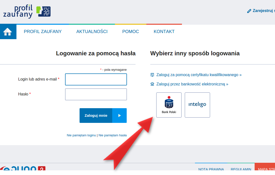 Krok 16: Otwiera się nowe okno przeglądarki, a w nim strona logowania do Profilu Zaufanego.