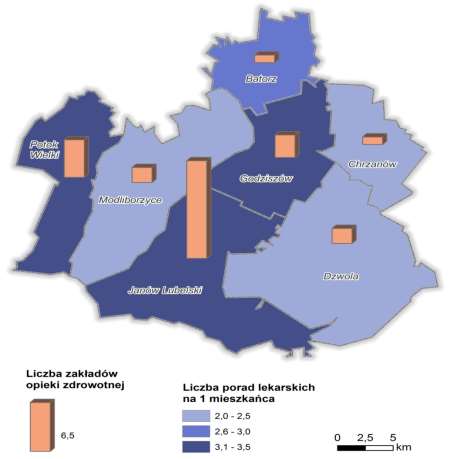 Mapa 6. Struktura zakładów opieki zdrowotnej w Powiecie Janowskim Źródło: opracowanie własne na podstawie danych GUS W powiecie janowskim, w 2012 roku funkcjonowało 15 ogólnodostępnych aptek.