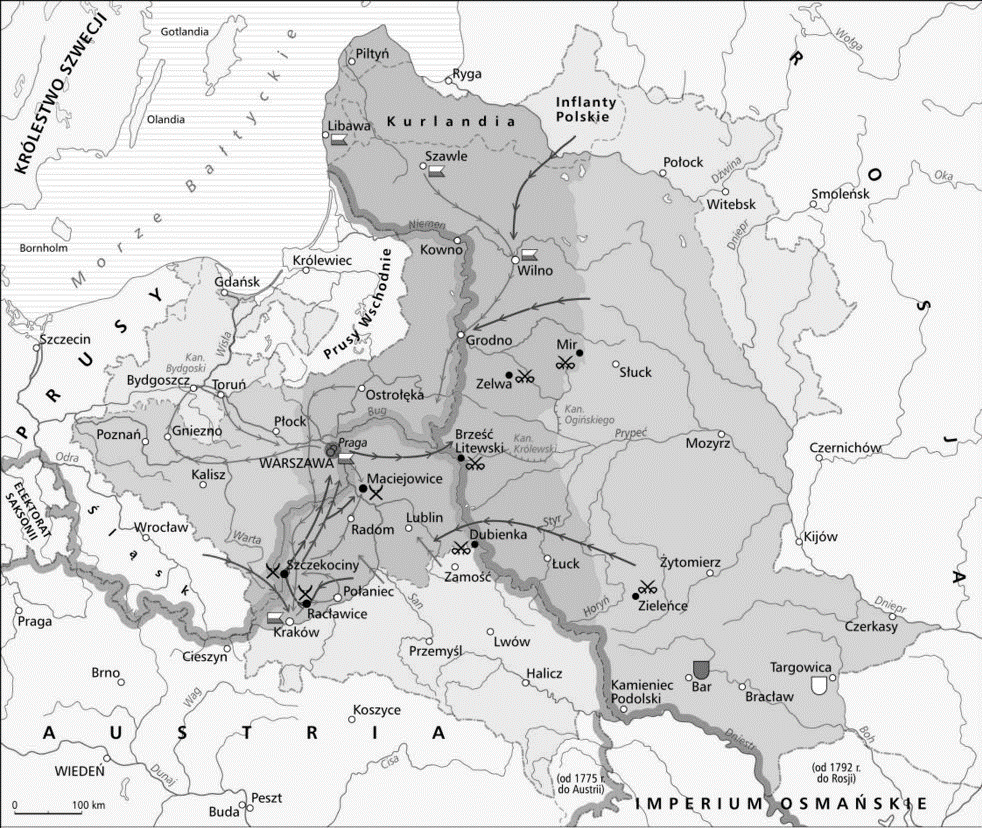 Zadanie 8. (0 2) Kiedy rozegrały się przedstawione wydarzenia? Do każdego z nich dopisz właściwy rok. 1. zawiązanie konfederacji targowickiej 2. trzeci rozbiór Polski Zadanie 9. (0 4) Mapa.