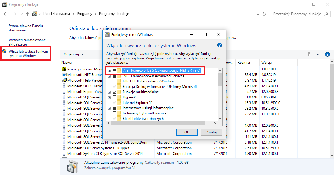 W przypadku korzystania z systemu operacyjnego Windows Server 2012/2012 R2 przed rozpoczęciem instalacji, z listy Features-ów zainstalowanych w systemie, należy doinstalować.net-a 3.