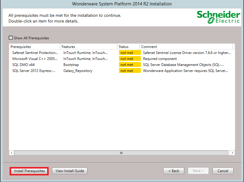 W kolejnym oknie pojawi się komunikat informujący, że Wonderware InTouch wymaga zainstalowania MS SQL Server-a.