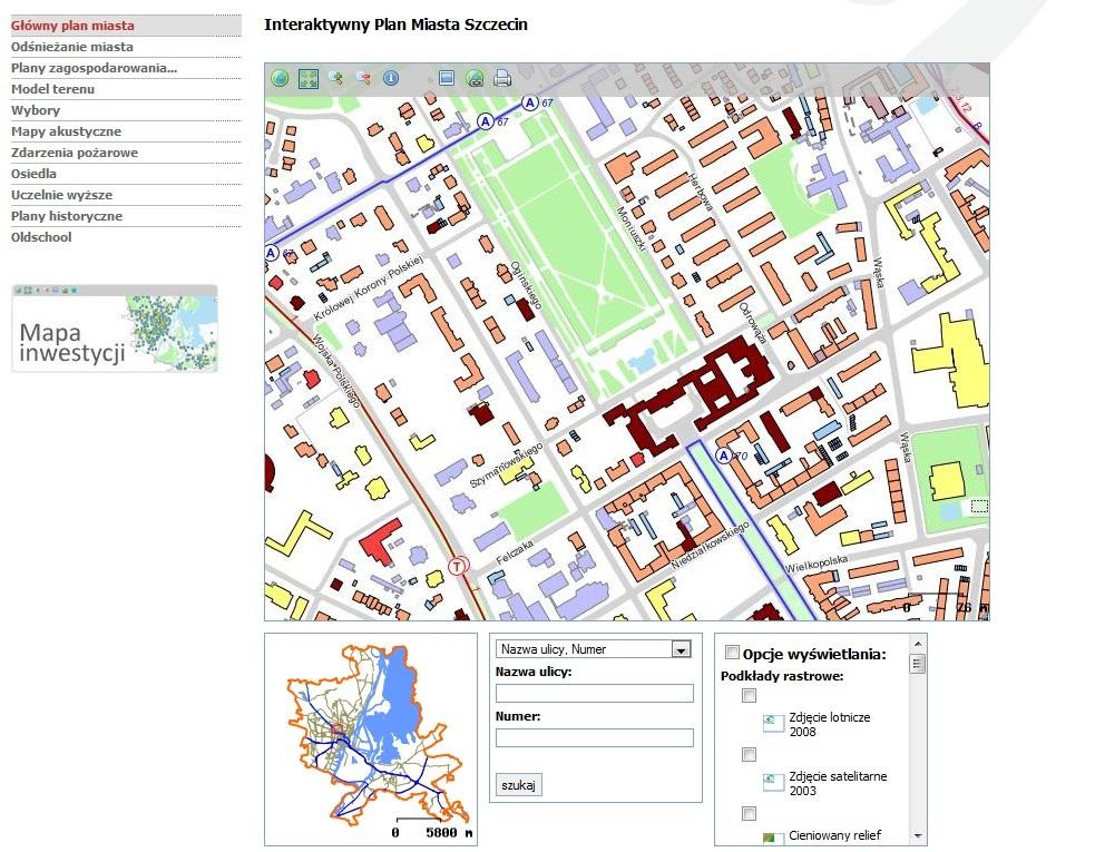 Interaktywny Plan Miasta Po wpisaniu w przeglądarce adresu http://gis.um.szczecin.pl wyświetla nam się przejrzysta i prosta w obsłudze mapa miasta Szczecin.