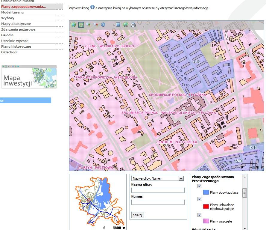Aby uzyskać więcej informacji o planach zagospodarowania przestrzennego miasta Szczecin należy wybierać ikonę a następnie kliknąć na wybrany obszar.