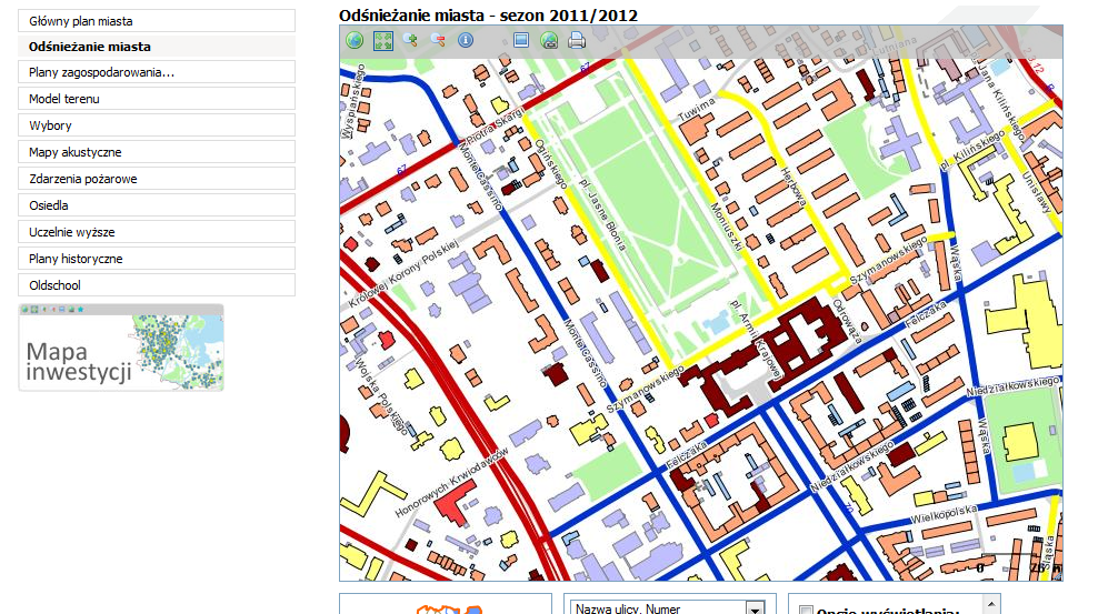 Jedną z ciekawych zakładek jest plan odśnieżania miasta w sezonie 2011/ 2012.