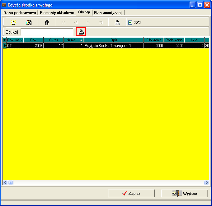 Rysunek 4 Rysunek 5 Wprowadzono możliwość wydruku wszystkich dokumentów obrotowych dla danego środka trwałego.