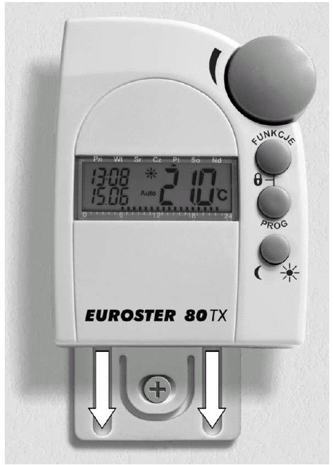 EUROSTER 80TXRX INSTRUKCJA OBSŁUGI 4 nastawić za pomocą pokrętła dzień i potwierdzić przyciskiem PROG ustawienie aktualnej godziny: pojawiają się następujące wskazania: za pomocą pokrętła nastawić
