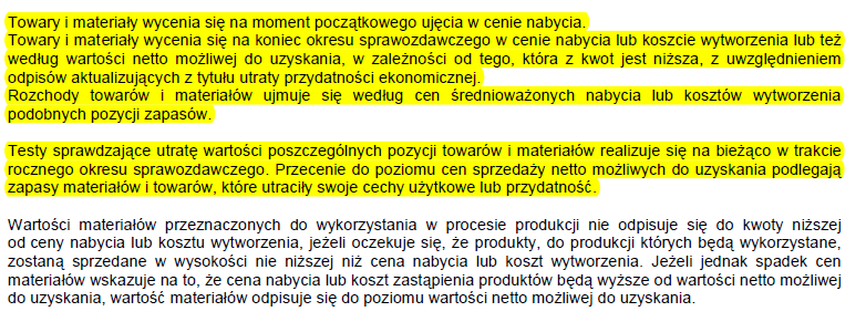 Prezentacja zapasów materiałów i towarów w sprawozdaniu finansowym (Informacja dodatkowa) Źródło: Polski Koncern Naftowy